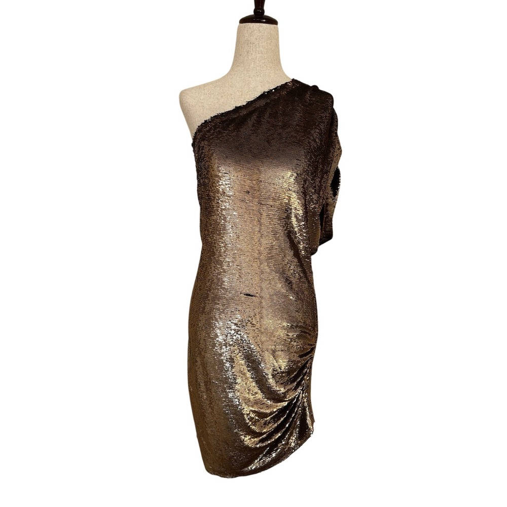 IRO Paris Bronze Sequin One Shoulder Mini Dress Gold Metallic Ruched Size 4 80